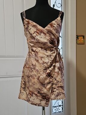 Zara Beige Marble Print Sateen Wrap Mini Dress XS W/ Double Spaghetti Straps